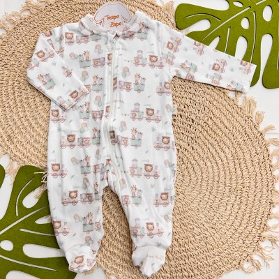 Macacão de Malha com Abertura em Zíper Safari no Balão - Off White e Verde